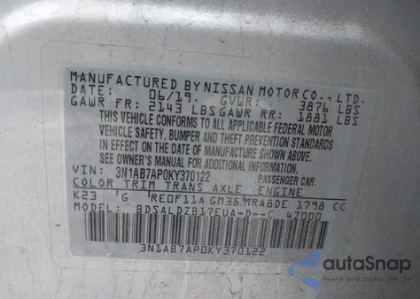 2019 Nissan Sentra Sv из США, поврежденный, VIN 3N1AB7AP0KY370122